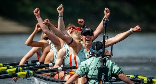 CUBC women celebrating after crossing finish line