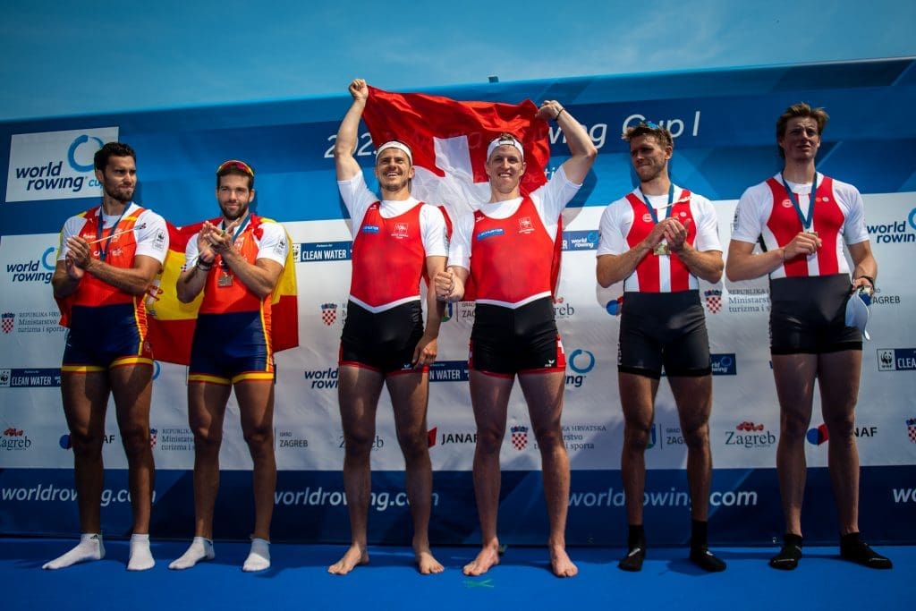 Roman Röösli and Andrin Gulich celebrate winning gold at World Cup I, Zagreb 2023.