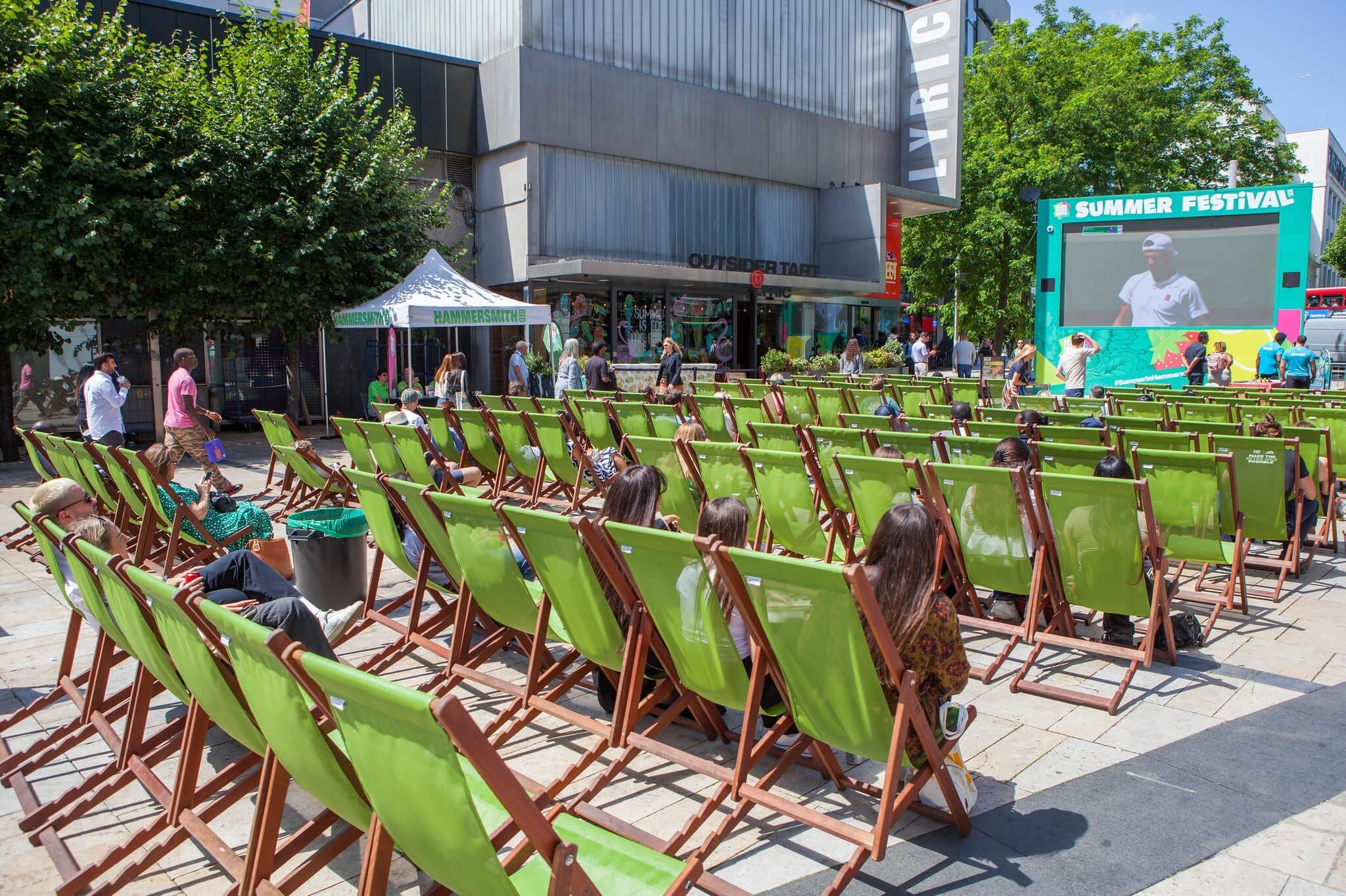 deckchairs and big screen at Lyric Square Hammersmith