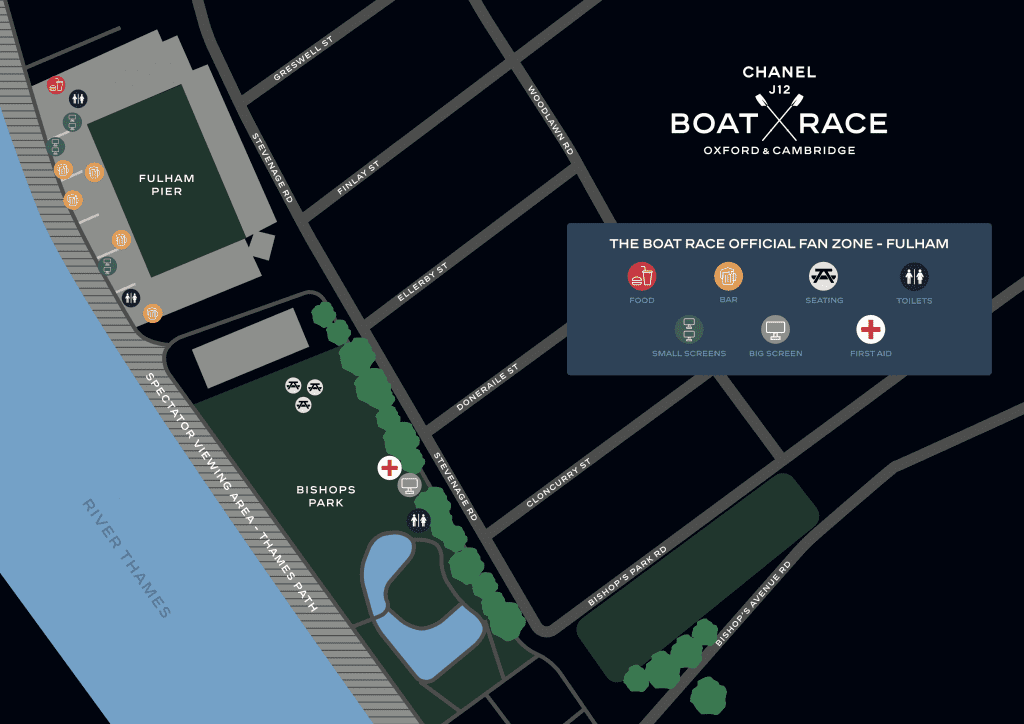 Map showing Bishops Park and Fulham Pier